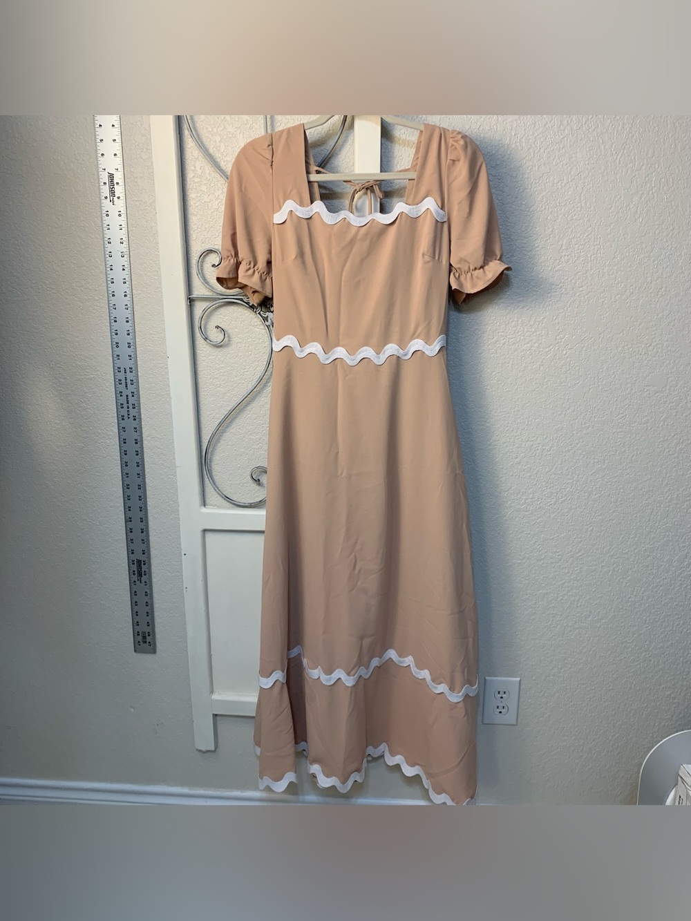 Beige Midi Dress with White Trim